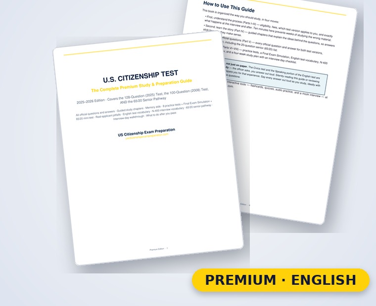 Complete Premium Study Guide, covers both 2025 and 2008 civics tests, 60 pages